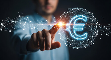Man touching glowing euro symbol within digital network sphere on a dark background with a light flare