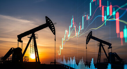 Oil pumps silhouette against sunset sky with superimposed stock market candlestick chart overlayed