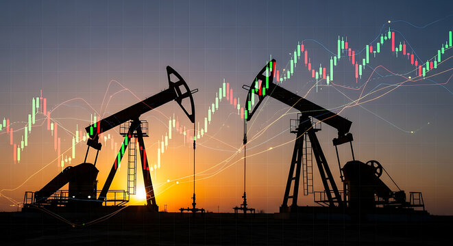 Oil pumps at sunset with stock market overlay showing financial trends and economic indicators