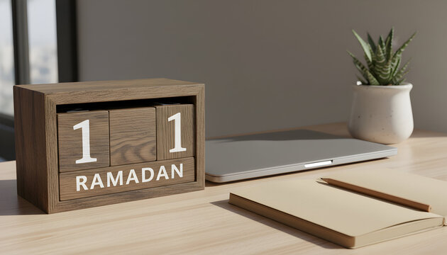 Wooden Block Calendar Showing First of Ramadan on Desk