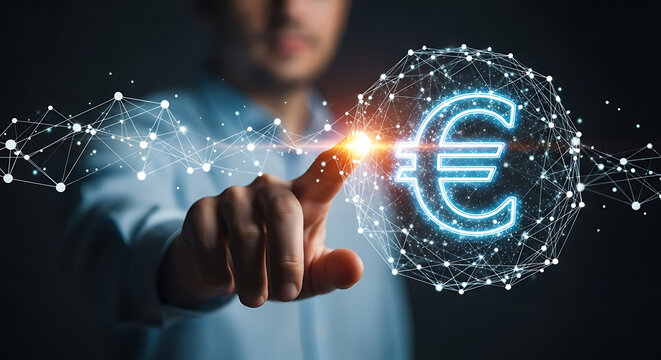 Man touching glowing euro symbol within digital network sphere on a dark background with a light flare - Powered by Adobe