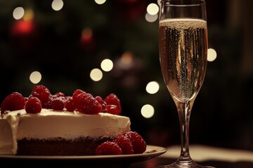 Close up of champagne flute with sparkling wine next to a raspberry tart dessert against a festive background with bokeh lights
