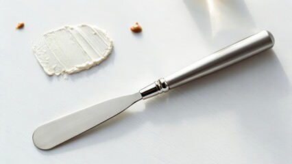 Silver palette knife spreading cream on white surface