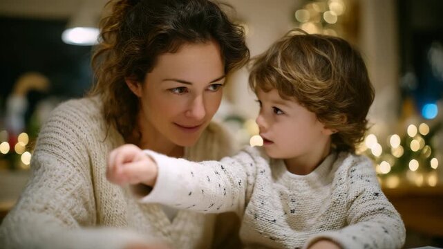 404Side view of mother and child interacting with power strip, child learning about electrical hazards, festive decorations on background table, soft winter light enhancing warm teach