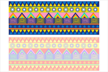 A vibrant set of two colorful tribal geometric borders. Features bold patterns with triangles, stars, and circles in bright and pastel palettes. Ideal for design projects.