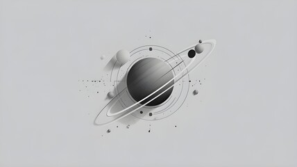 abstract three dimensional planet with orbital rings and spheres floating in minimalist gray space design concept