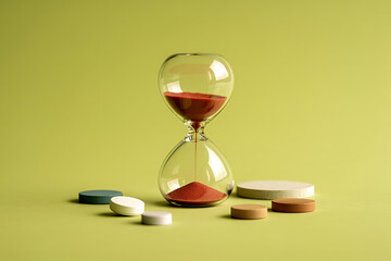 Red Sand Hourglass Beside Colorful Tablets on Bright Yellow Backdrop