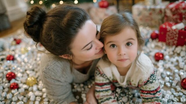 405Top-down perspective of woman and kid pointing at extension cord, holiday decorations around, scattered plugs illustrating fire risk, bright educational focus