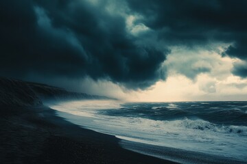 Dramatic coastline with turbulent sea and dark storm clouds looming above