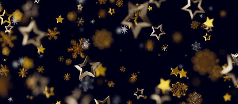 Abstract Christmas background featuring golden stars and snowflakes in a bokeh effect on a dark blue backdrop for holida