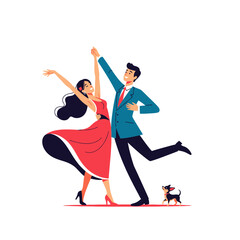 Obraz premium Joyful dance scene showcasing a couple and small dog in harmonious movement and celebration of life