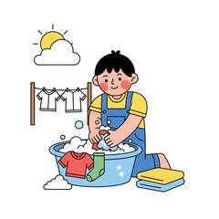 Illustrative depiction of a child's domestic chore engaging in laundry activity with bright