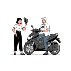 Illustration of a stylish couple interacting with a modern scooter in a bright setting