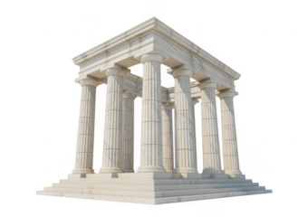 Ancient Greek temple with marble columns and steps isolated on a transparent background