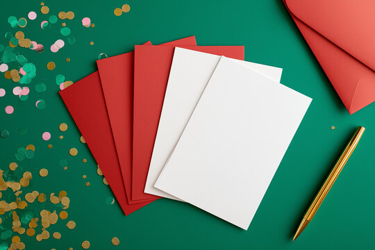 White blank stationery sheets arranged on a green surface, surrounded by colorful confetti and red envelopes, creating a festive atmosphere for invitations or greeting cards