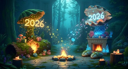 Magical forest gathering celebrating the year 2026 with campfires and warmth