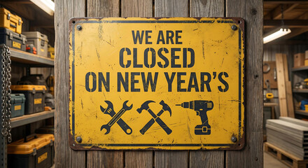 Yellow closed sign with tools in workshop new years, closed sign, new years, workshop, tools, wrench, hammer, drill, yellow sign, rusty, distressed, garage, shed, construction, repair, announcement, h