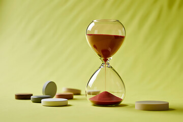 Medical Tablets and Clear Hourglass with Red Grains Displayed on Yellow Background