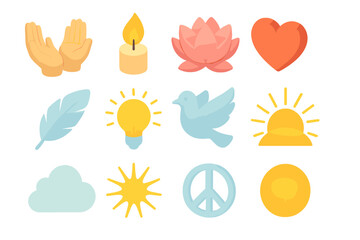 Isometric Devotion Icons. United Devotion flat icon set : open hands, candle flame, lotus flower, heart, feather, glowing light, dove, sunrise beam, soft cloud, radiant aura, peace