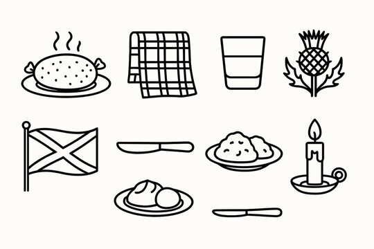 Burns Night Icons. Burns Night Traditional Haggis linear icon set: haggis dish, tartan cloth, whisky glass, thistle flower, Scottish flag, dinner knife, plate of neeps and tatties