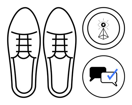 Pair of derby shoes with laces, chat bubbles with a check mark, and an eye inside a geometric design. Ideal for fashion, communication, branding, teamwork, abstract concepts, modernity simple flat