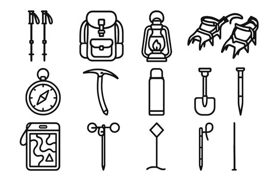 Winter Trekking Gear Icons. Winter Exploration Tools Set linear icon set: snow trek poles, insulated backpack, frost lantern, crampons, navigation compass, ice axe, thermal flask