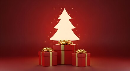 Red gift boxes with gold bows under a glowing Christmas tree silhouette on a red background