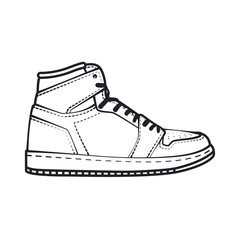 High-top sneaker line art, detailed stitching, clean outline vector, modern streetwear footwear drawing.