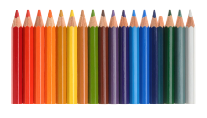 Row of vibrant colored pencils, aligned by hue
