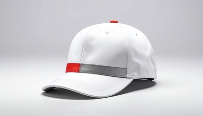 White baseball cap with curved brim, red-gray front band and red top button on light gray background.