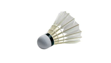 Single badminton shuttlecock with white feathers on black backdrop