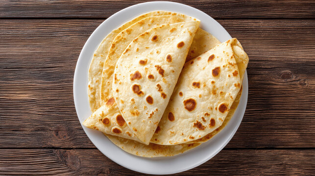 Top view of delicious homemade flatbread tortilla wrap on white plate. comforting and tasty meal on rustic wooden background, simple food ready for cooking