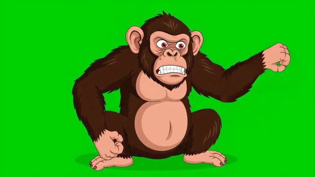 Animated Cartoon Chimpanzee Demonstrating Emotions and Actions on a Green Screen, Suitable for