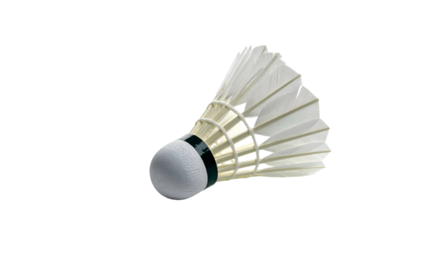 Single badminton shuttlecock with white feathers on black backdrop