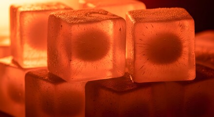 Stacked translucent orange ice cubes illuminated with warm light