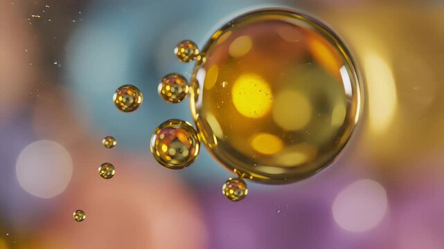 Oil bubbles rise to the surface in a sleek glass bowl set against a vibrant, golden background, capturing the concept of eureka moments where new ideas and opportunities burst forth like these.