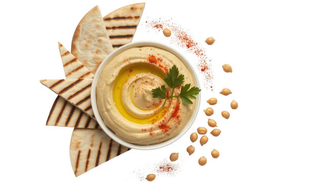 Bowl of hummus with olive oil paprika and parsley served with grilled pita bread isolated on a transparent background