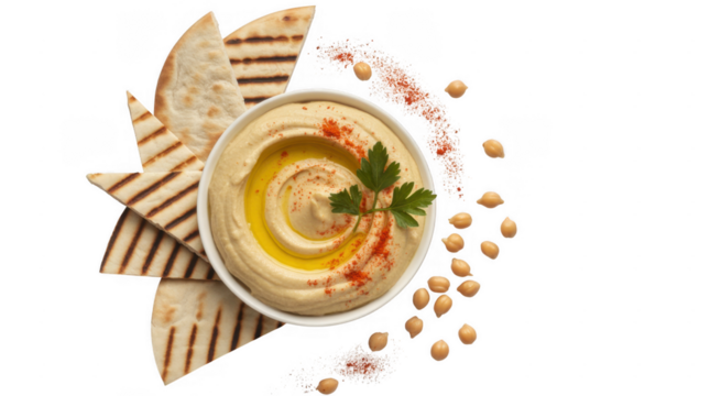 Bowl of hummus with olive oil paprika and parsley served with grilled pita bread isolated on a transparent background - Powered by Adobe