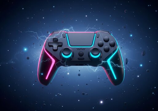 A gaming controller with sleek black design and glowing neon accents in pink and blue is set against a cosmic background. - Powered by Adobe