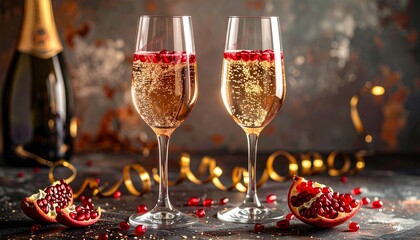 Festive champagne flutes with pomegranate seeds, surrounded by fruit, leaves, and golden ribbon on gray surface.