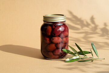 Black Olives Preserved in Glass Jar on light pink Background