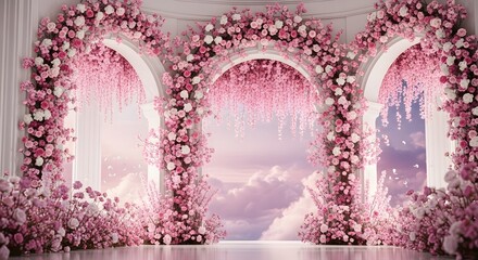 Three arched windows adorned with cascading pink and white floral arrangements, set against a dreamy sky backdrop.
