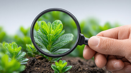 Hand with magnifying glass inspecting small green plant for research. curious person looking at new growth in soil for botany experiment