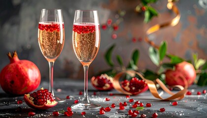 Festive champagne flutes with pomegranate seeds, surrounded by fruit, leaves, and golden ribbon on gray surface.