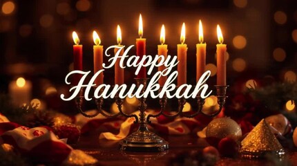 Happy Hanukkah greeting with lit menorah and traditional decorations in warm lighting