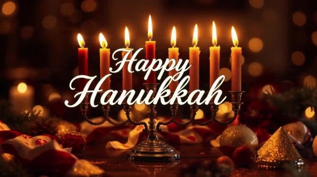 Happy Hanukkah greeting with lit menorah and traditional decorations in warm lighting