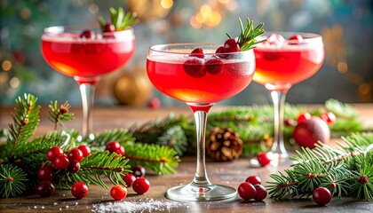 Festive red cocktails in coupe glasses with cranberries and rosemary, surrounded by pinecones and Christmas lights.