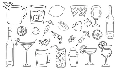 Hand drawn cocktail and citrus set. Elegant black and white doodle line illustration of drink glasses, lemons, ice cubes and bar elements for menu, packaging, pattern or invitation design.