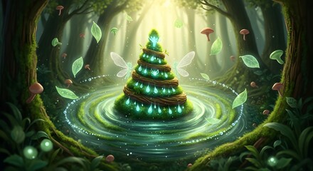 Magical tree tower in enchanted forest with glowing lights and water