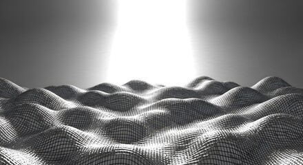 Abstract 3D wireframe landscape with wavy terrain and bright light source